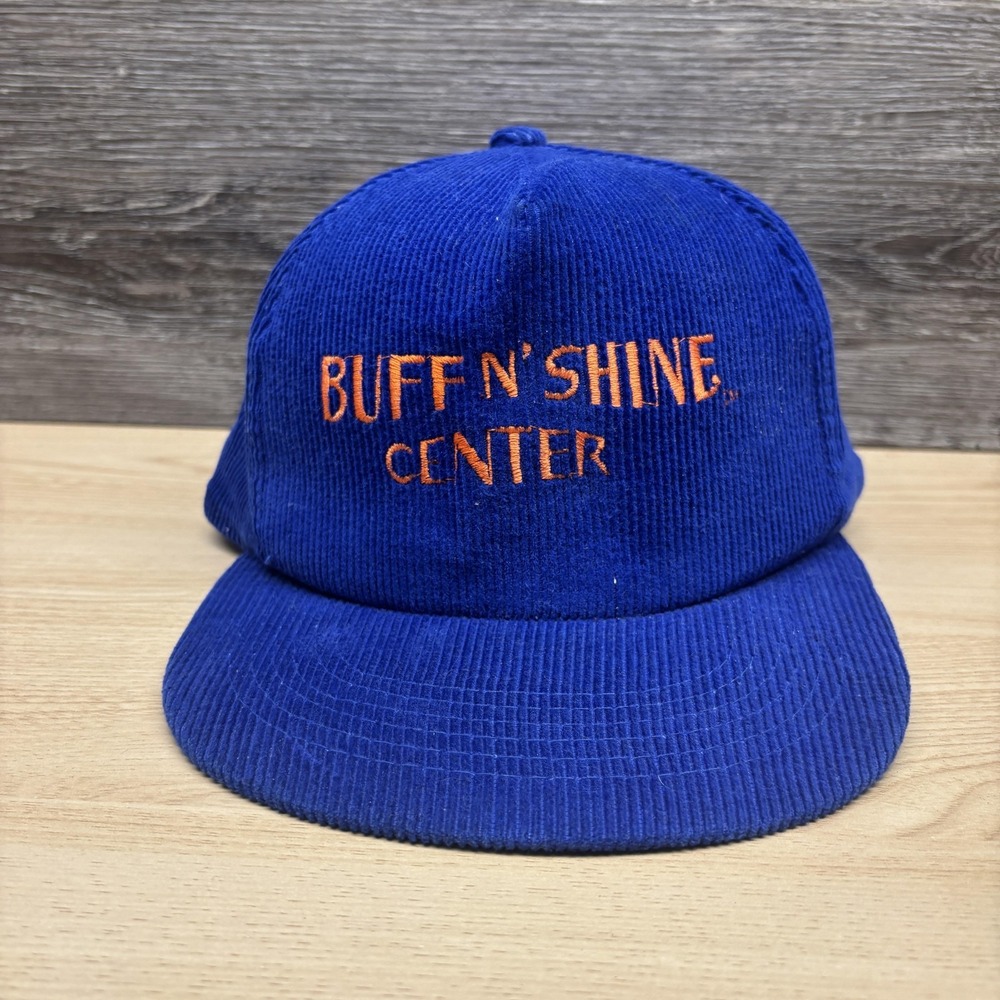 Vintage Buff N Shine Center Hat Cap Snap Back Blue Orange Corduroy Mens